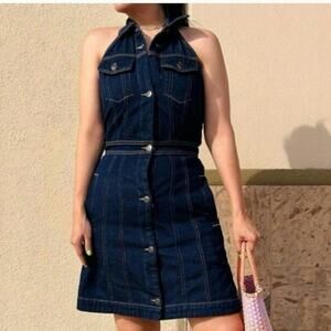 Backless Collared Blue Denim Button-up Mini Dress Size 14 Retro 70s Vibes